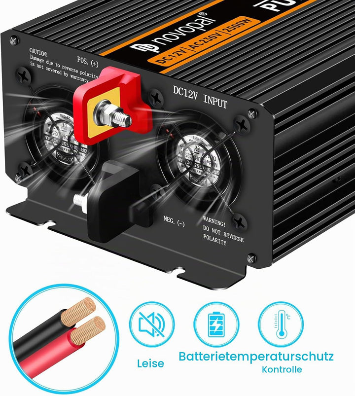 NOVOPAL 2500W Wechselrichter 12v Auf 230v Reiner Sinus Spannungswandler mit 2 EU-Steckdose und Einer