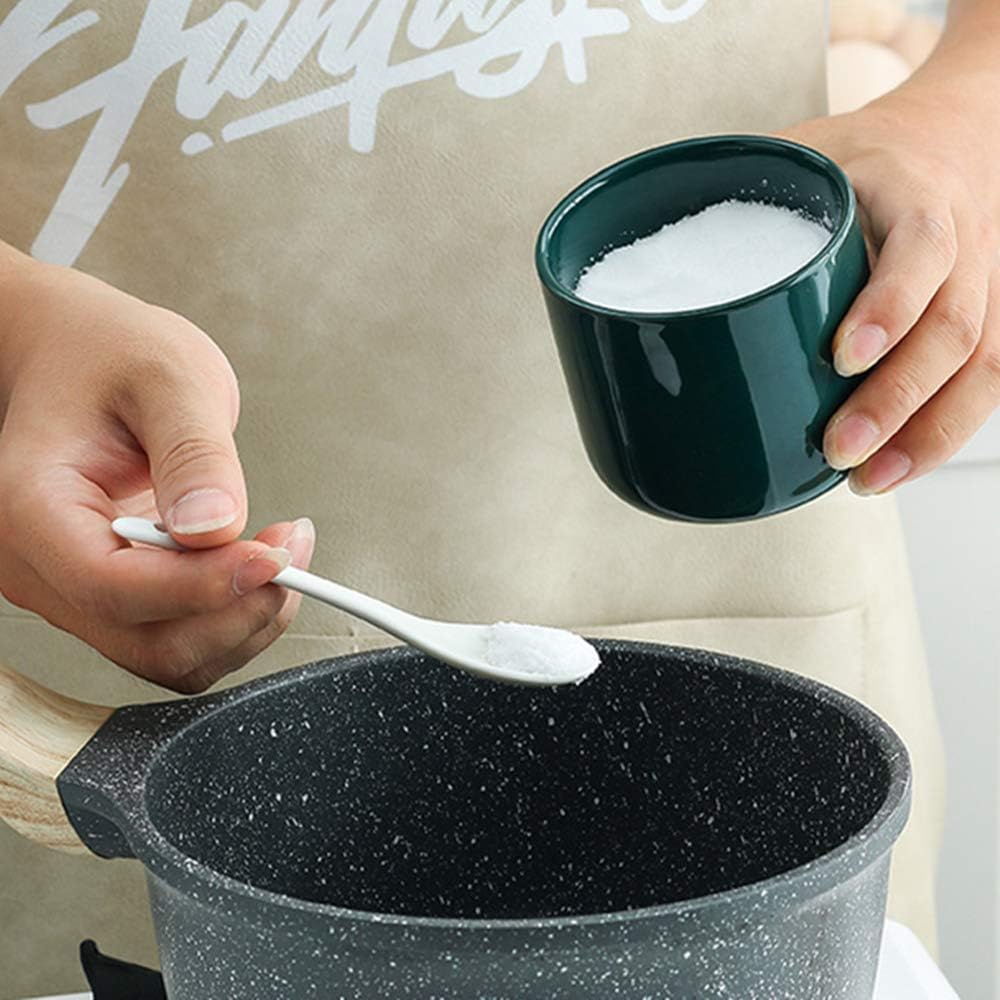 OnePine 2er Set Keramik Gewürzdosen Salztopf Keramik Zuckerdose Gewürzgläser mit Löffel und Bambus D