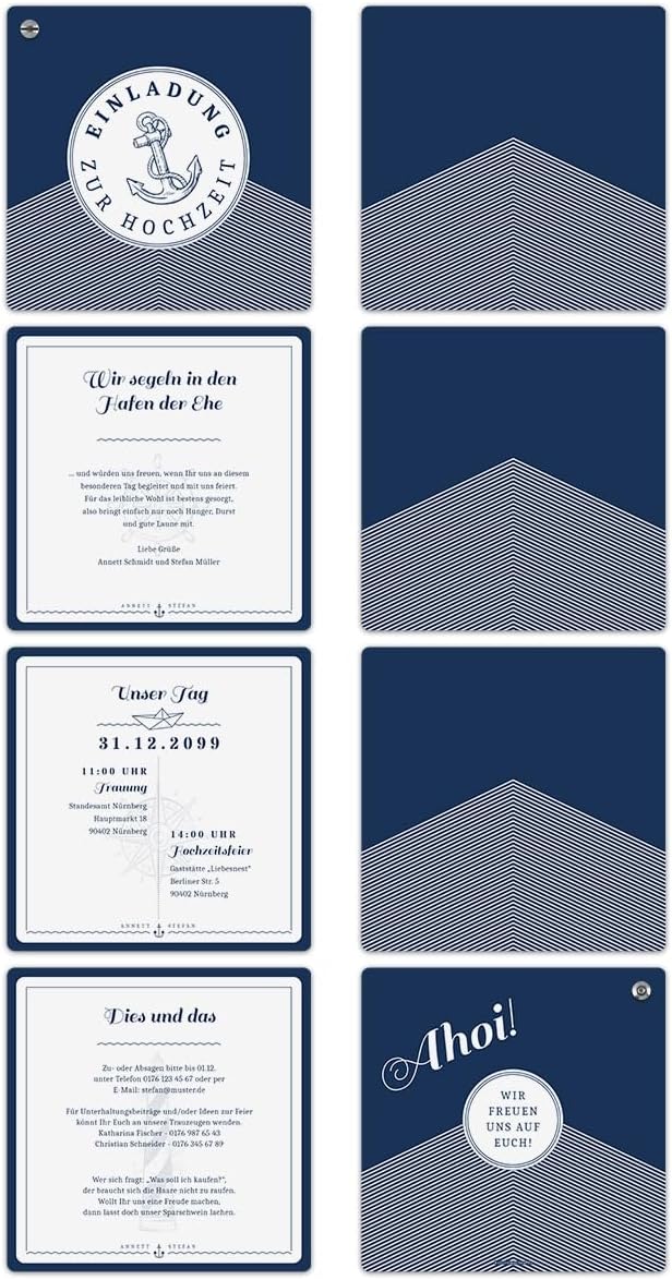 10 x Fächerkarten Hochzeitseinladungen individuell mit Ihrem Inhalt - Maritim, 10