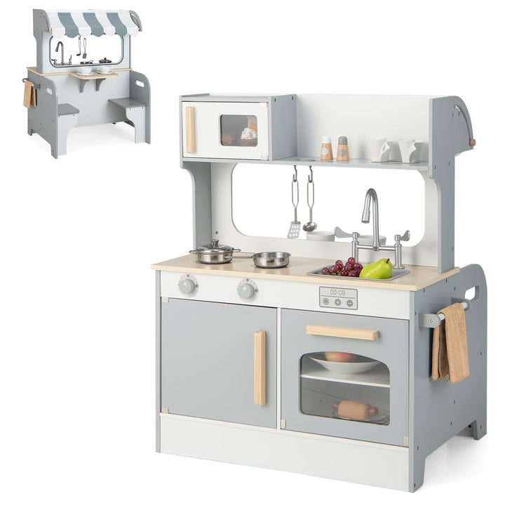 COSTWAY 2 in 1 Kinderküche mit Zubehör, Spielküche mit Restaurant zum Kochen &amp; Servieren, Holzküche