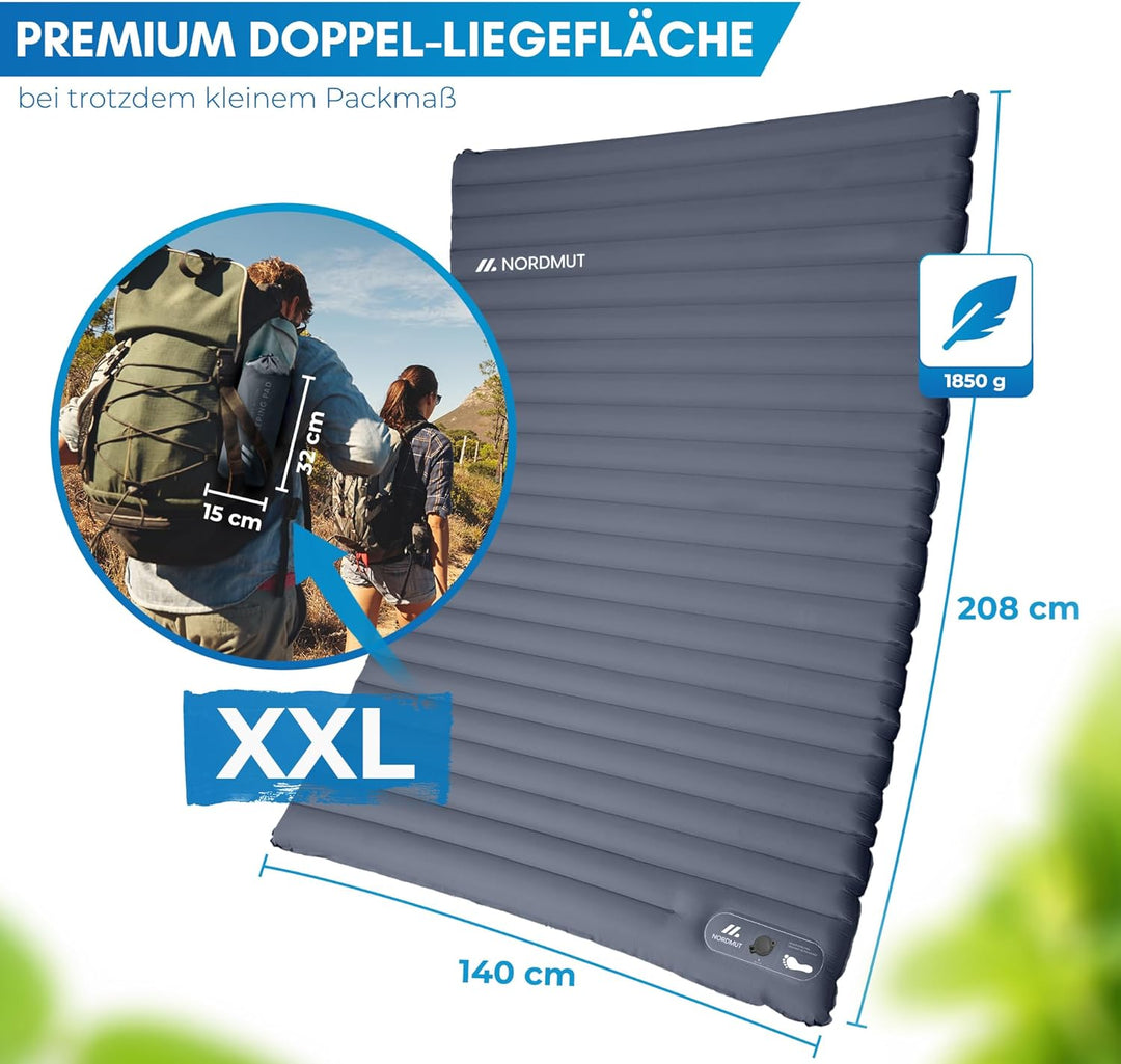 NORDMUT® Isomatte Selbstaufblasend 2 Personen - Outdoor Matratze 10cm Ultra komfortabel - Luftmatrat