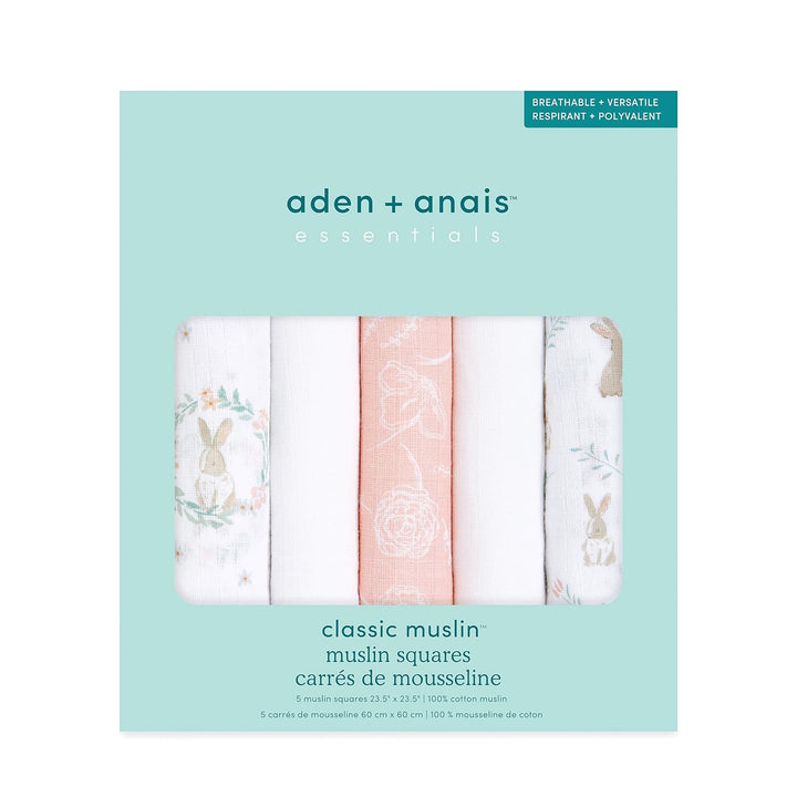 aden + anais™ Essentials Baumwoll-Musselin-Spucktücher Blushing Bunnies in 5er-Packung, Blushing Bun