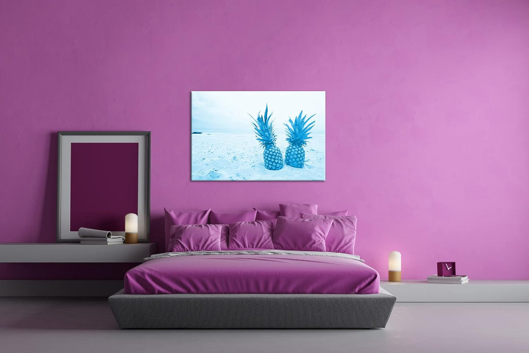 deyoli Ananas am Sandstrand Format: 80x60 Effekt: Monocrome Blau als Leinwandbild, Motiv fertig gera
