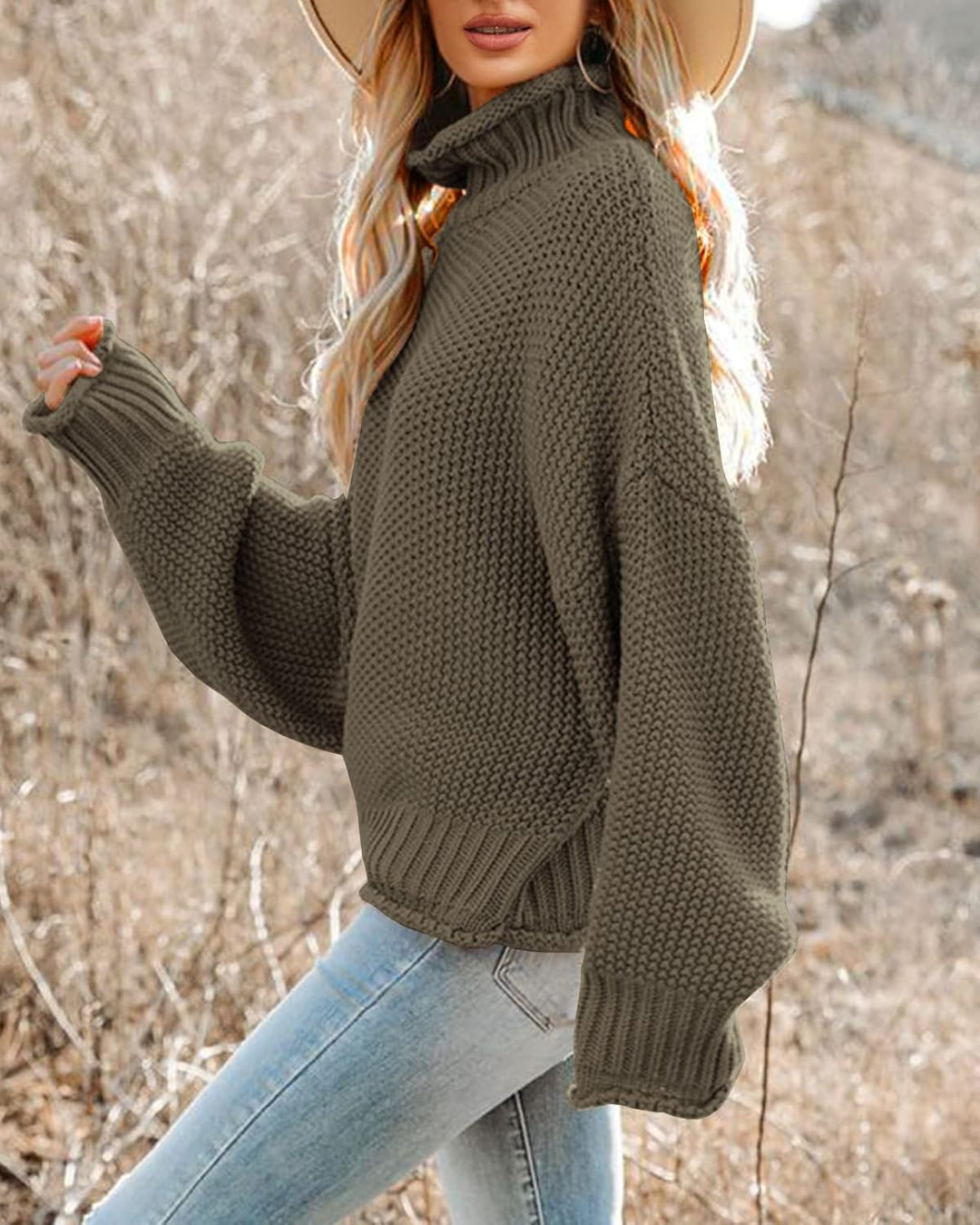 Saodimallsu Damen Pullover Rollkragen Oversized Fledermaus Langarm Sweatshirt Lose Grobstrick Casual