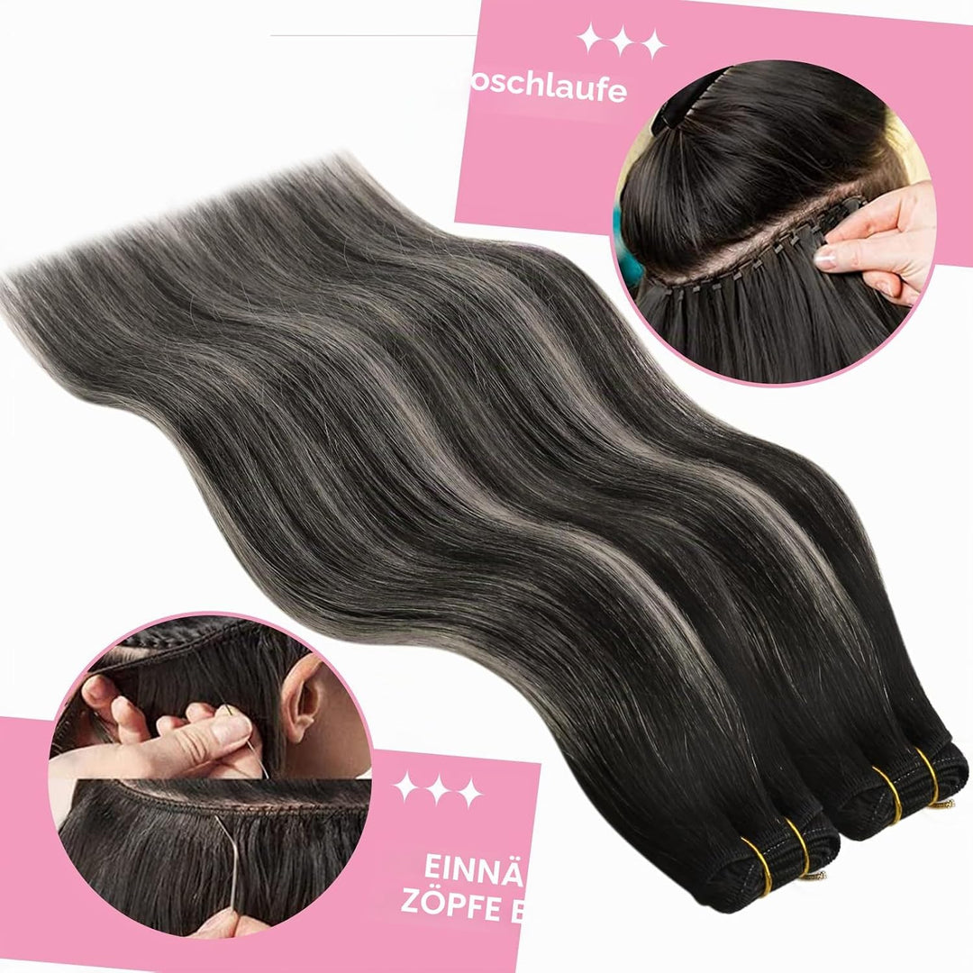 YoungSee Tressen Extensions Echthaar Silber Echthaar Tressen Schwarz Ombre Silber Haartressen Echtha