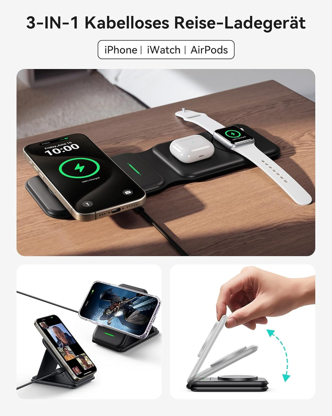 INIU 3 in 1 Wireless Charger Station, Magnetischer Qi Zertifiziert Induktive Ladestation Pad Kabello