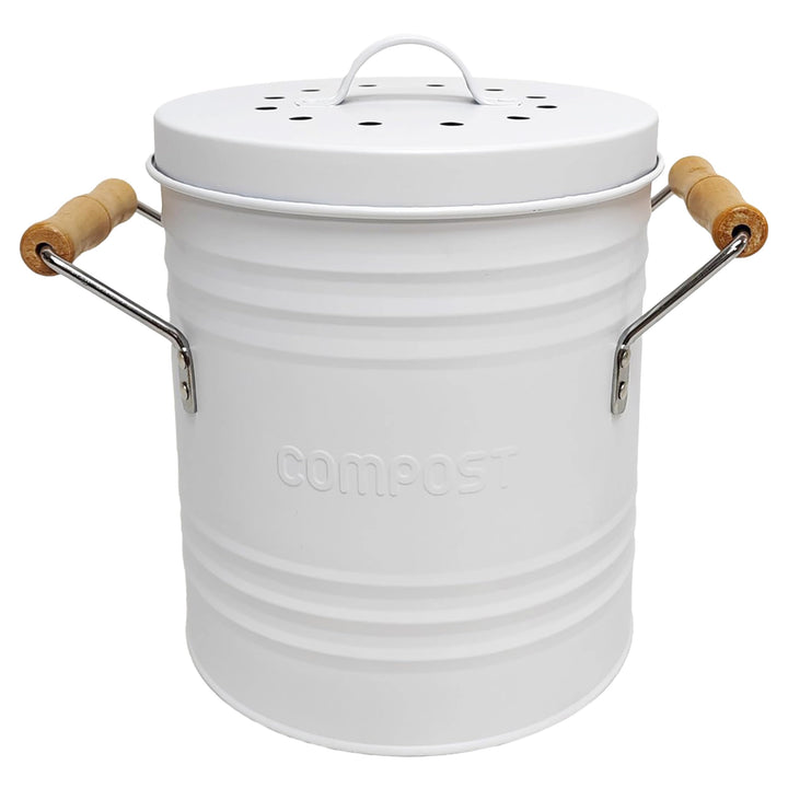 ME0025, Kompostbehälter aus Metall mit Deckel und Griffen, Elegantes Retro-Design, 4 Liter Fassungsv