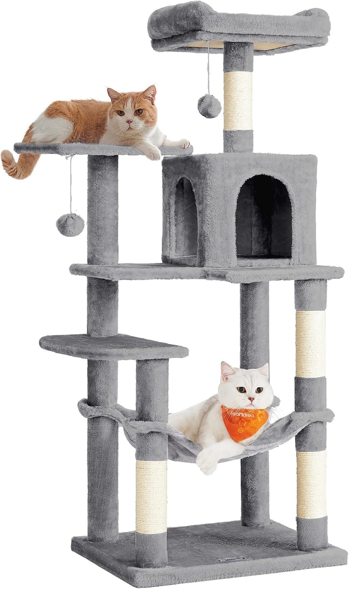 Feandrea Kratzbaum, 143 cm hoch, Katzenbaum, mehrstöckige Katzenhaus, mit 4 Kratzsäulen, 2 Plattform