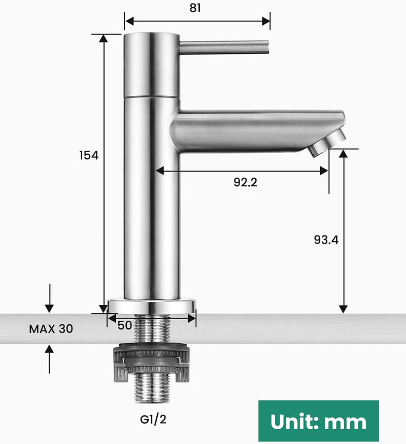 ANYCEE Kaltwasserhahn Gäste WC mit Anschlussschlauch, Edelstahl Wasserhahn Bad nur Kaltwasser, Wasch