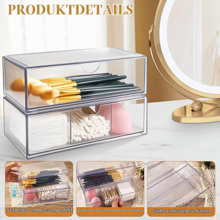 2er-Set Stapelbarer Kosmetik Organizer mit Schubladen – Transparenter Make Up Organizer aus Acryl fü