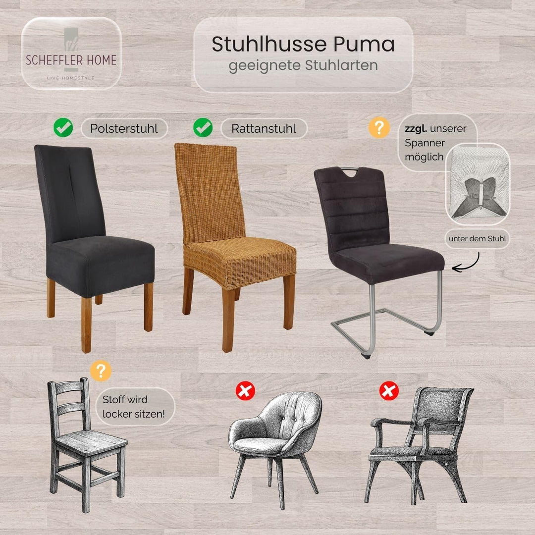 SCHEFFLER-Home Stretch Stuhlhussen Samt Puma Velvet/Velours Stuhlhussen Schwarz 4er Set/Stuhlabdecku