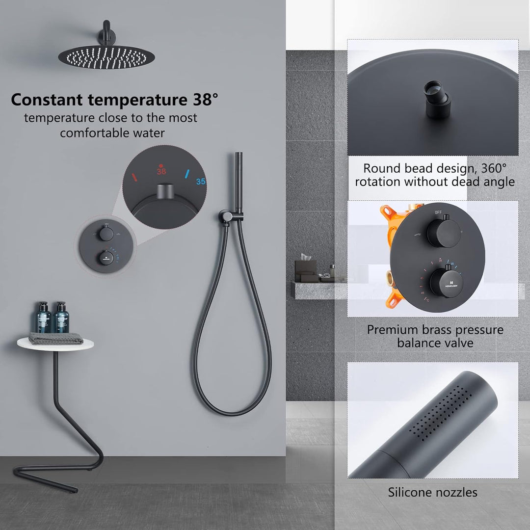 HOMELODY Schwarz Duscharmatur Regendusche Unterputz Duschsystem mit Thermostat,Unterputz Duscharmatu