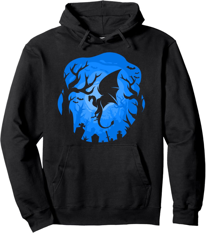 Drachen-Silhouette, blauer Hintergrund, Waldnacht Pullover Hoodie