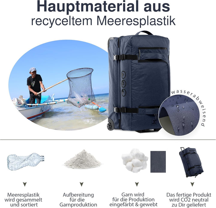Grosse Reisetasche mit 2 Rollen Kane Rollkoffer 80 cm Koffer Sporttasche Reise-Trolley, recyceltes M