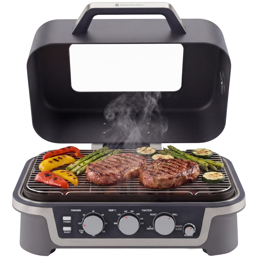 KitchenBrothers 4-in-1 Elektrogrill - BBQ &amp; Smoker - Tischgrill - 2600W | Einstellbar von 90–250 °C,