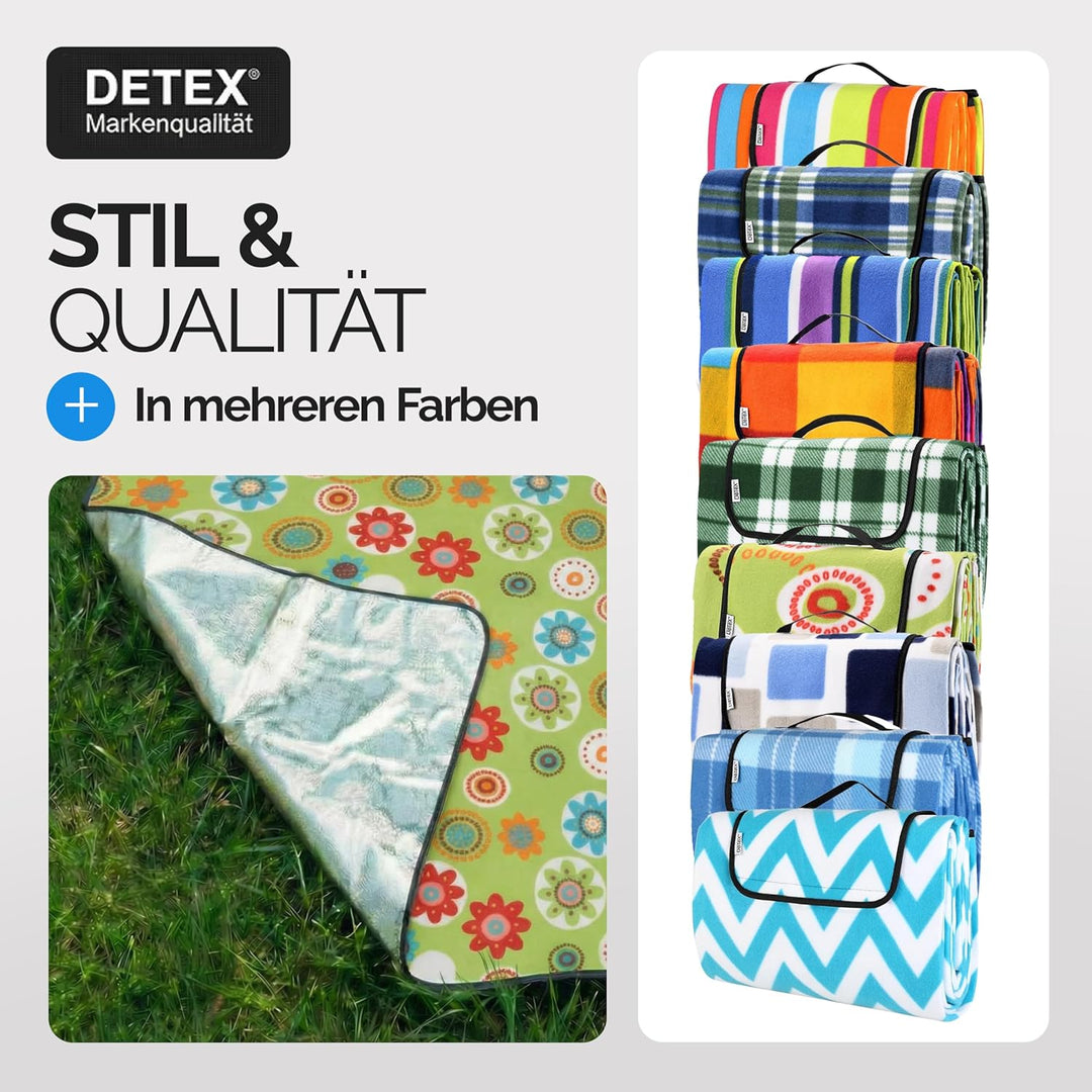 DETEX® Picknickdecke Campingdecke XXL 200x200 cm Wasserdicht Wärmeisoliert Waschbar Fleece Faltbar f