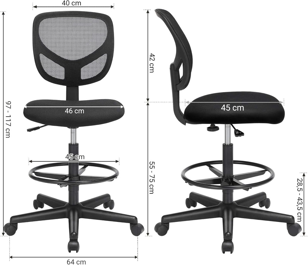 SONGMICS Arbeitsstuhl, Bürostuhl, Sitzhöhe 55-75 cm, hoher Drehstuhl mit Verstellbarer Fussstütze, B