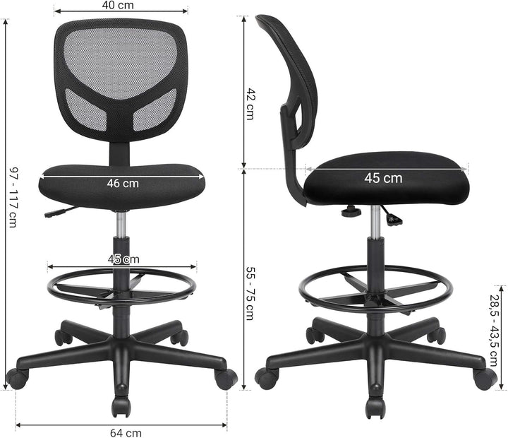 SONGMICS Arbeitsstuhl, Bürostuhl, Sitzhöhe 55-75 cm, hoher Drehstuhl mit Verstellbarer Fussstütze, B