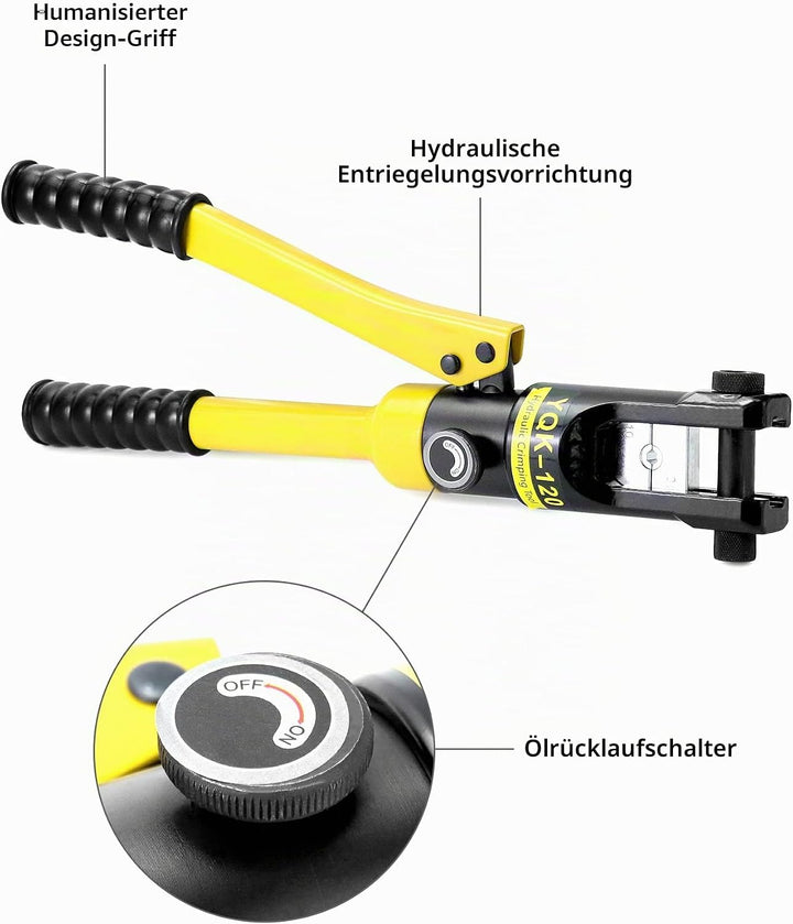 QWORK® crimpzange hydraulisch, presszange kabelschuhe,12 Tonnen, mit 8 Dies 10-120 mm² 12T, 12T