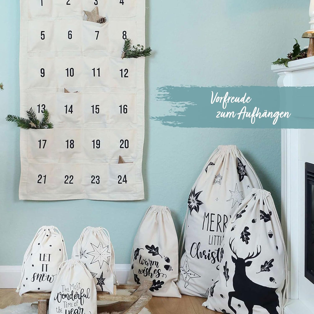 Papierdrachen 24 Adventskalender aus Stoff zum Befüllen - ein Lichtlein brennt - hochwertig bestickt