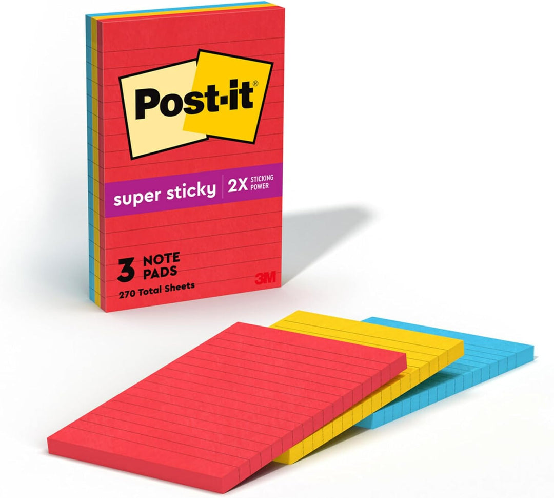 Post-it Super Haftnotizen, liniert, 3 Haftnotizblöcke, 10,2 x 15,2 cm, ideal für die Organisation in