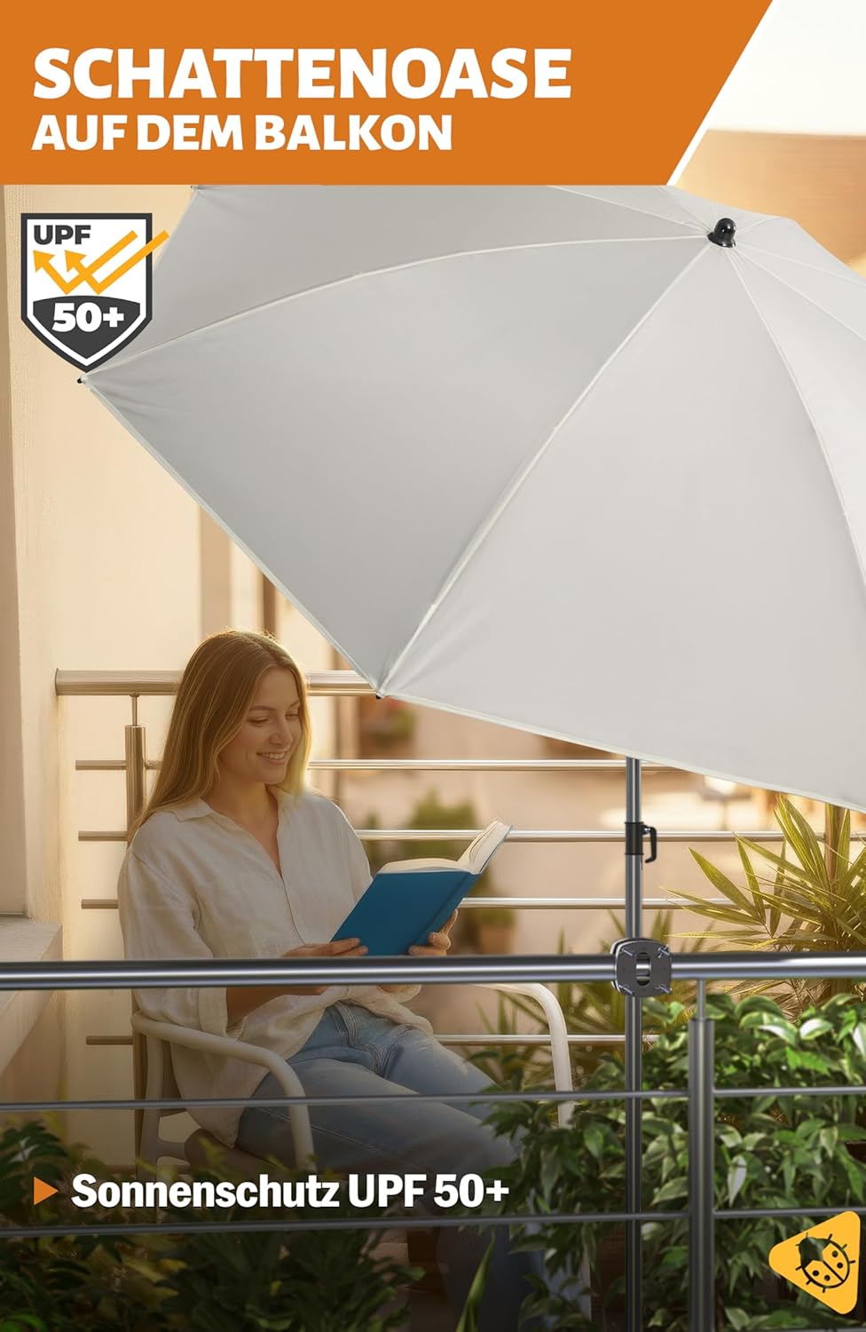 4smile Sonnenschirm Balkon 3-in-1 SET SunnyJoy, Beige - UPF 50+ Sonnenschirm Ø 180 cm + Sonnenschirm