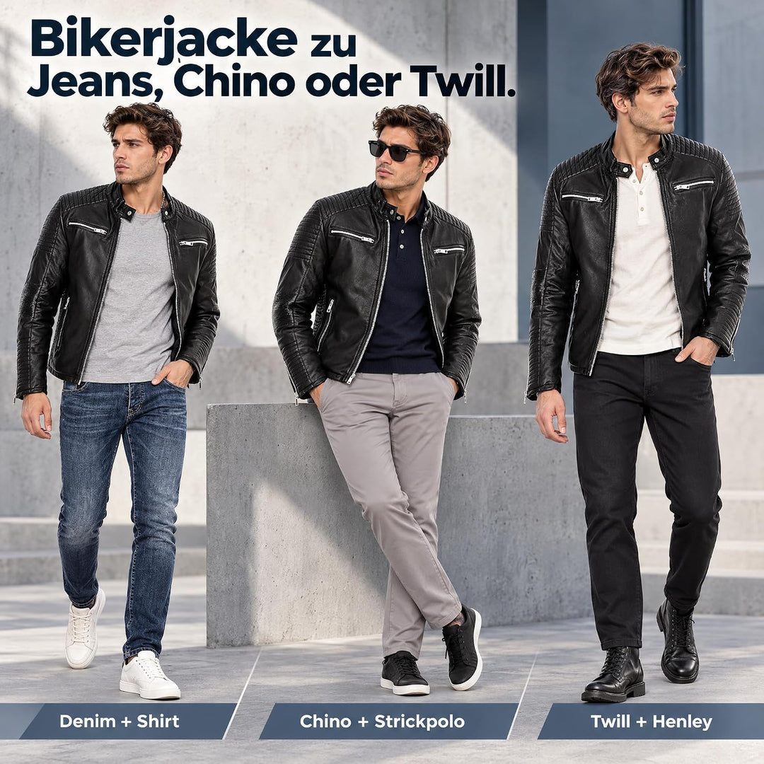 Herren Lederjacke Kunstleder Bikerjacke Übergangsjacke Brooklyn Slim Fit Schwarz XL Schwarz, XL Schw