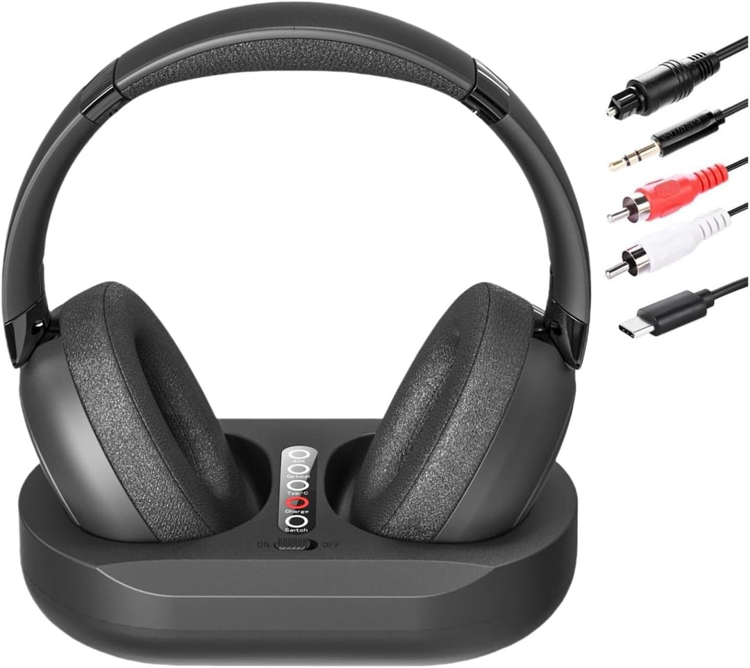 Kabellose TV-Kopfhörer für Senioren mit Sender-Ladestation, 2.4 GHz RF & Bluetooth 5.3 für Fernseher