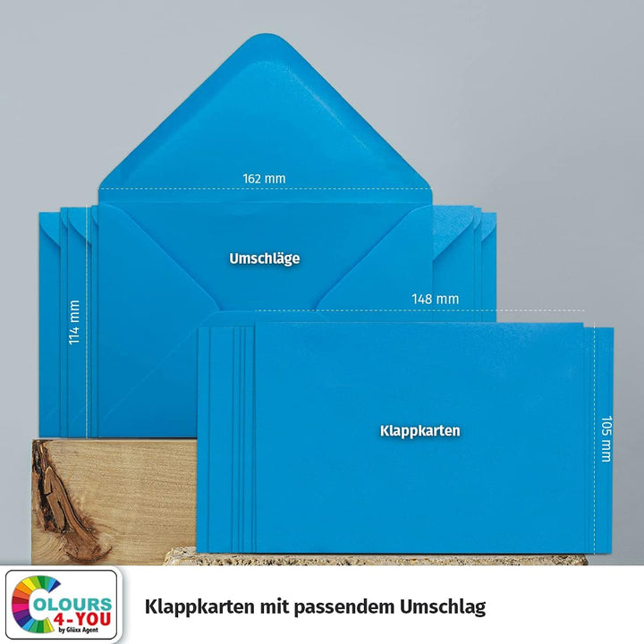 100 Klappkarten mit Umschlägen Set Azurblau - DIN A6 Blanko Doppelkarten 14,8 x 21 cm (160 g/m²) - D