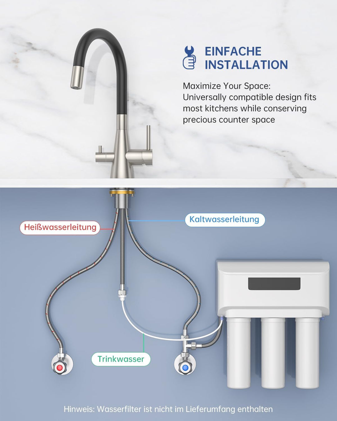 DAYONE 3 Wege Schwarz Wasserhahn Küche Flexibel, 3 in 1 Mischbatterie für Wasserfilter Osmose, 360°