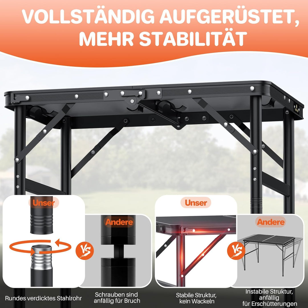 FUNYKICH Campingtisch Klapptisch 58x40cm, Faltbarer Grilltisch mit 3 Höhen Verstellbarer(27/51/75cm)