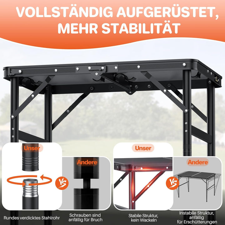 FUNYKICH Campingtisch Klapptisch 58x40cm, Faltbarer Grilltisch mit 3 Höhen Verstellbarer(27/51/75cm)