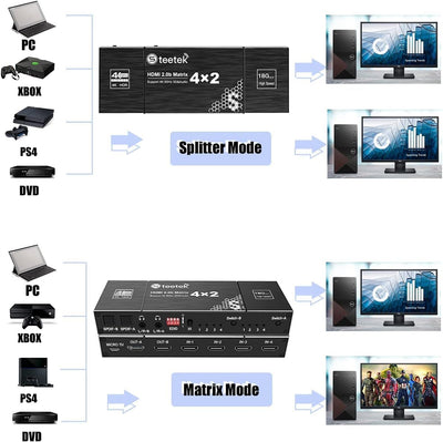 Steetek HDMI Matrix 4X2 Switch, 4K @ 60 Hz, RGB 8: 8: 8, SPDIF 5.1H, Audio EDID Extraktor, 3.5mm Ste