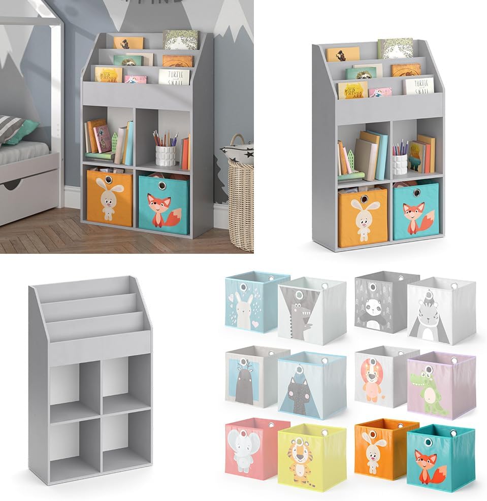 Vicco Kinderregal Grau Luigi mit 2 Faltboxen - 72x114x31 cm aus Spanplatte - Bücherregal ideal fürs