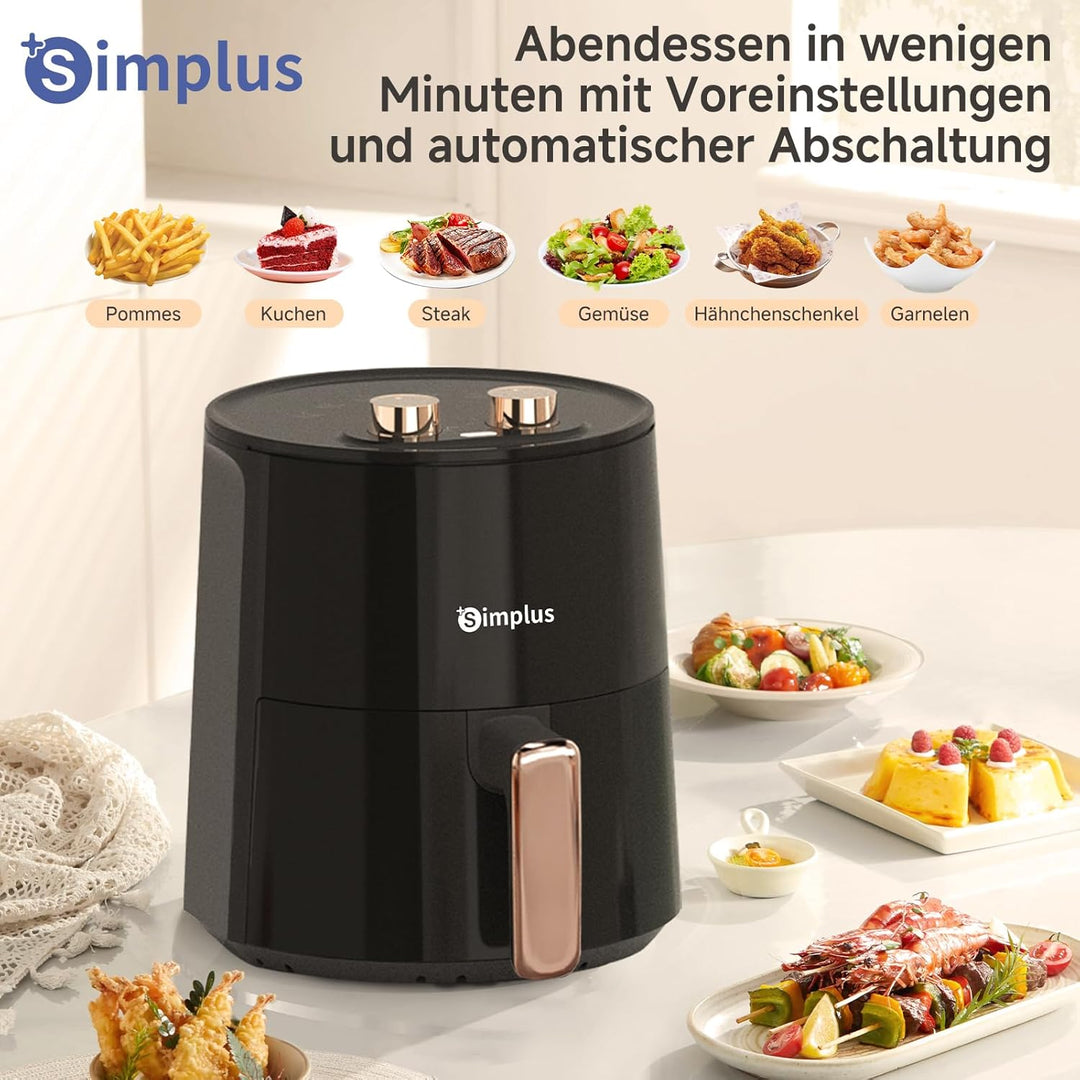 SIMPLUS Heissluftfritteuse 4L, 1300W Airfryer ohne Öl, 360° Heissluftzirkulation, 6 Temperaturstufen