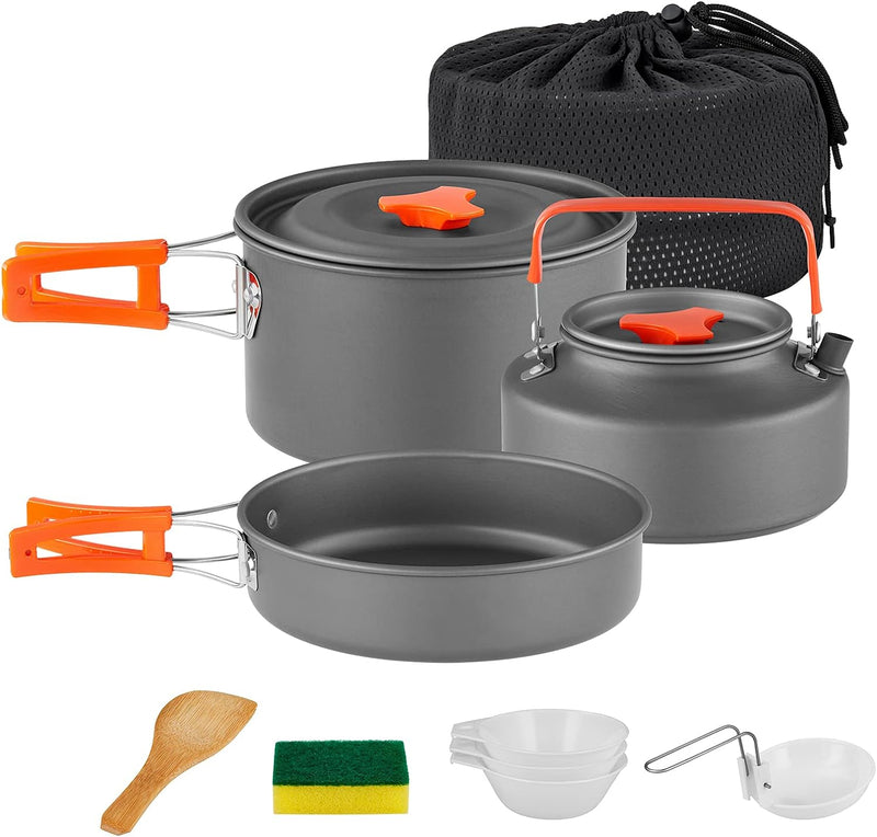 yETO Camping Kochtopf Set Alu-Topfset Wasserkocher mit Netztasche für Rucksackreisen, Kochgeschirr S