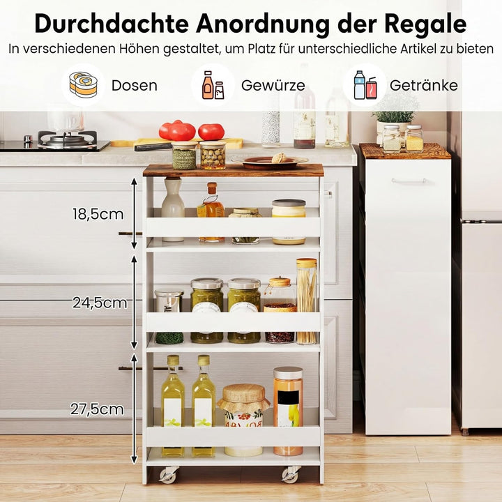 COSTWAY Nischenwagen 25cm breit, 4 Etagen Küchenwagen schmal, Nischenregal auf Rollen, Servierwagen