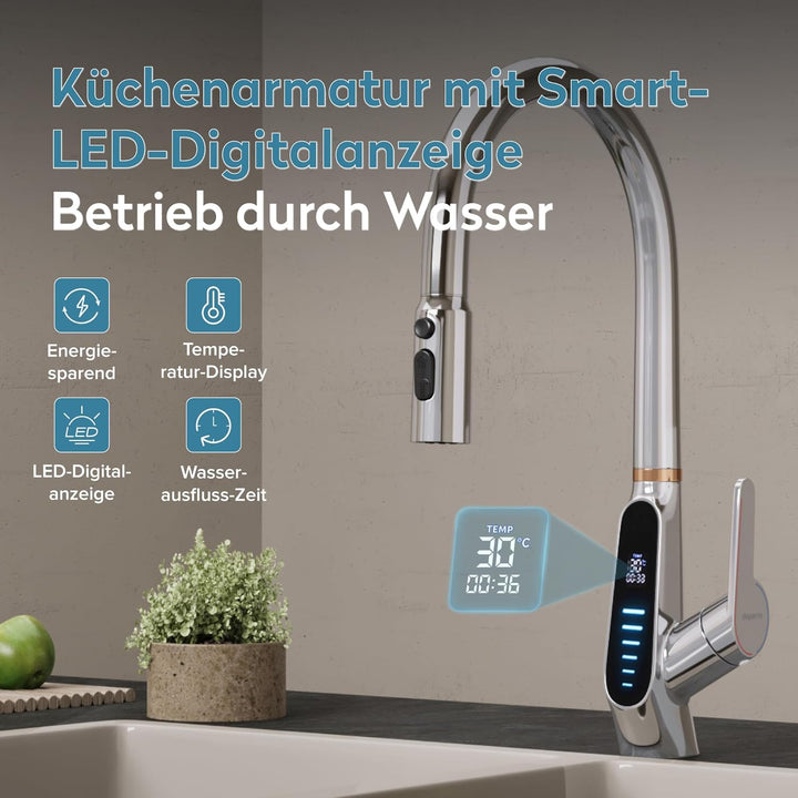 doporro Wasserhahn Küche Silber mit LED Temperaturanzeige, Küchenarmatur Ausziehbar, Hochdruck Misch