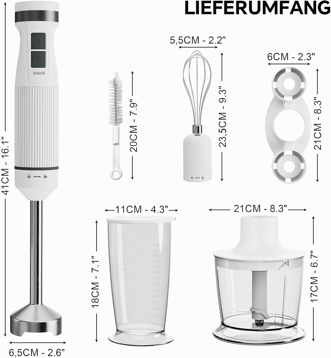 Ribelli Elektrischer Stabmixer Set 1200 W, 5-in-1 Pürierstab, Hand Blender mit 20 Geschwindigkeitsst