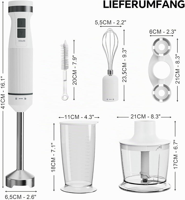 Ribelli Elektrischer Stabmixer Set 1200 W, 5-in-1 Pürierstab, Hand Blender mit 20 Geschwindigkeitsst
