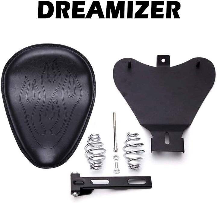 DREAMIZER Schwarzer Motorrad Leder Bobber Sitz, Motorrad Solositz mit Federhalterung Grundplatte für