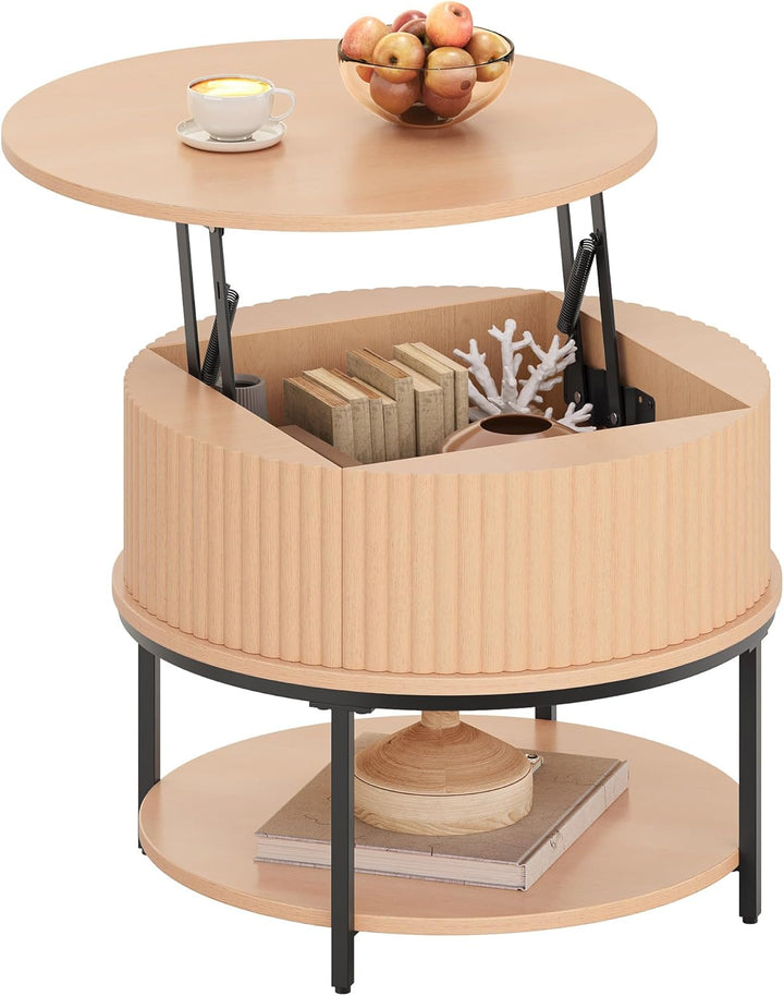 YITAHOME Couchtisch Höhenverstellbar, Couchtisch Rund mit geriffeltem Design und verstecktem Staurau