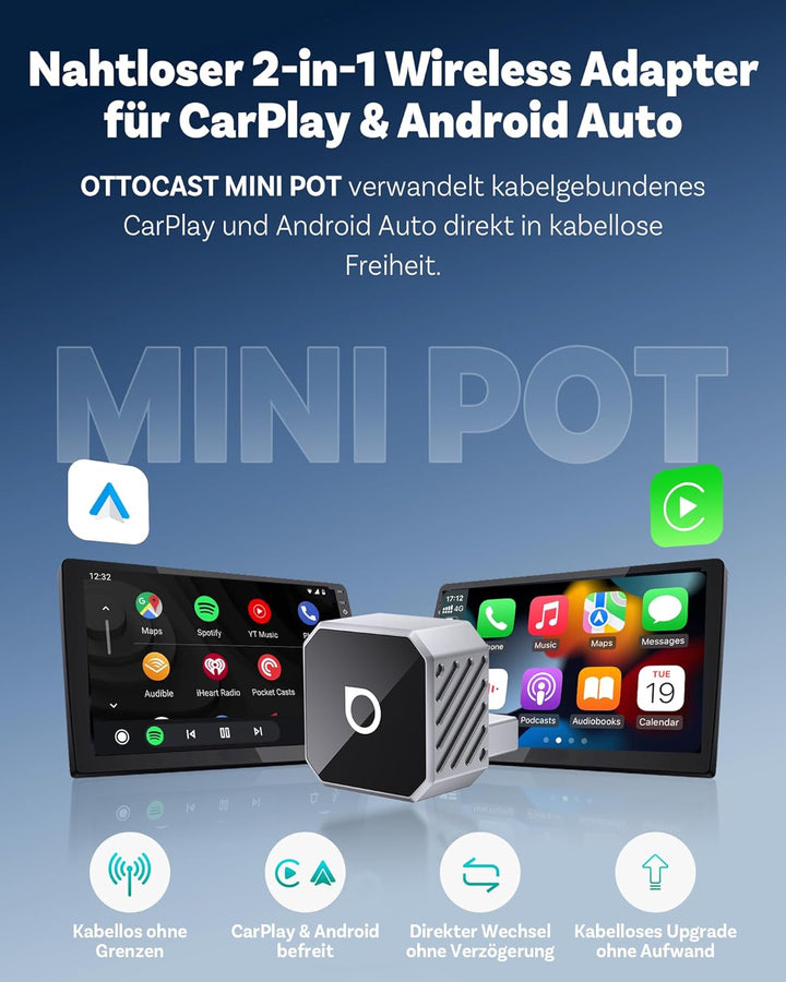 OTTOCAST Mini Pot, 2026 Upgrade Wireless CarPlay & Android Auto Adapter, Plug & Play, WLAN 2.4G+5G,