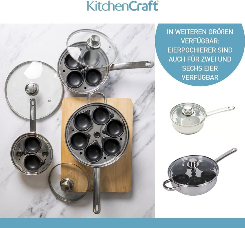 KitchenCraft Eierpochierpfanne mit Antihaftbeschichtung, induktionssicher, Edelstahl, für 6 Eier, 26