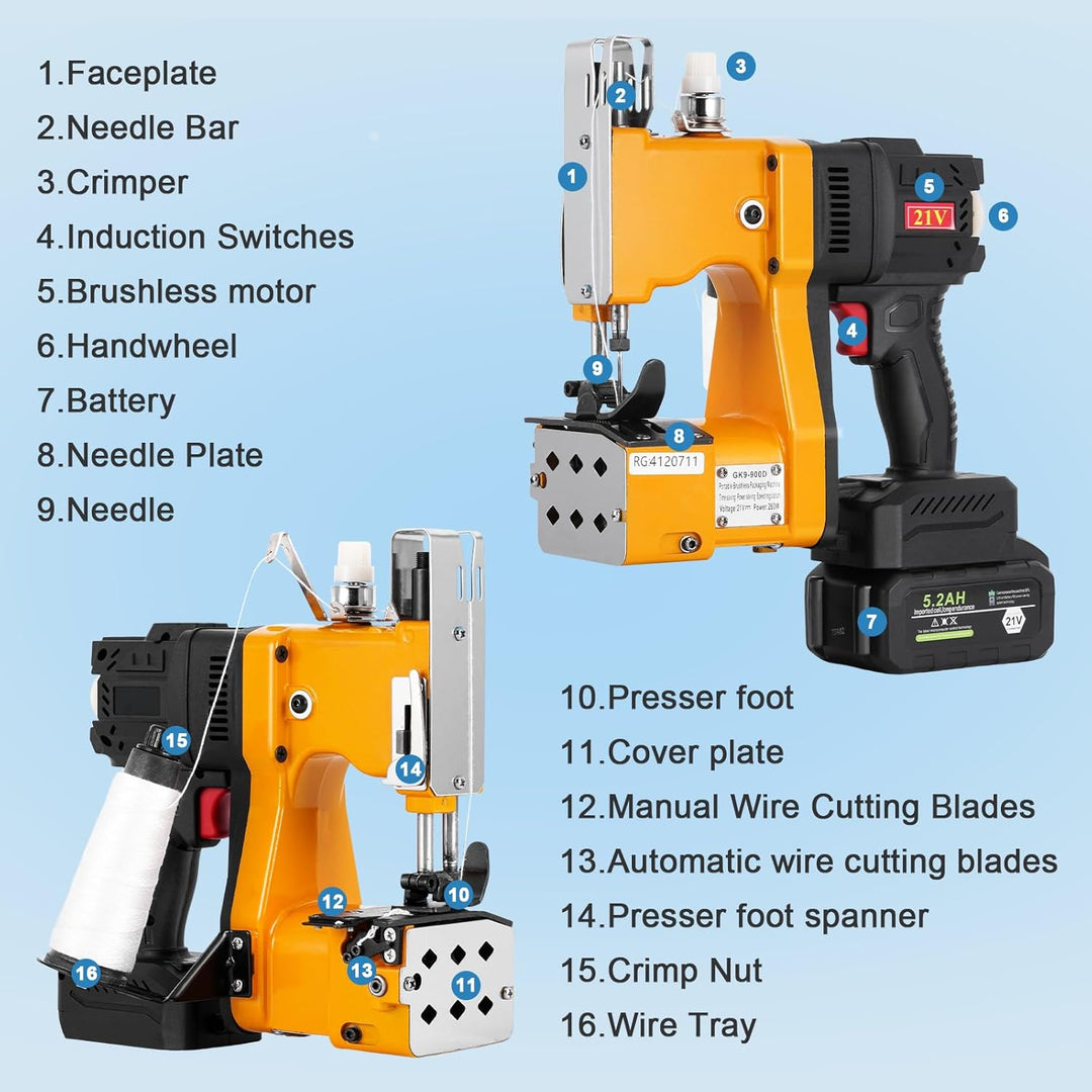MXBAOHENG Sacknähmaschine mit 1 akku 21V Einstellbare Geschwindigkeit Beutelverschliessmaschine mit