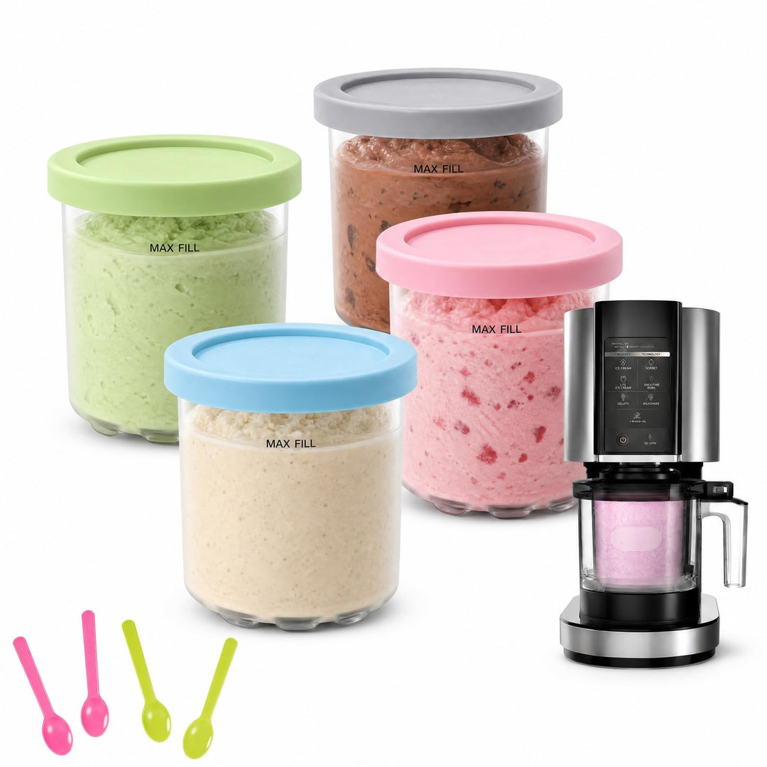 4er-Set Ersatzbehälter Mit 4 Löffel, 473ml Eisbehälter Und Abdeckung, Kompatibel Mit Ninja Creami NC