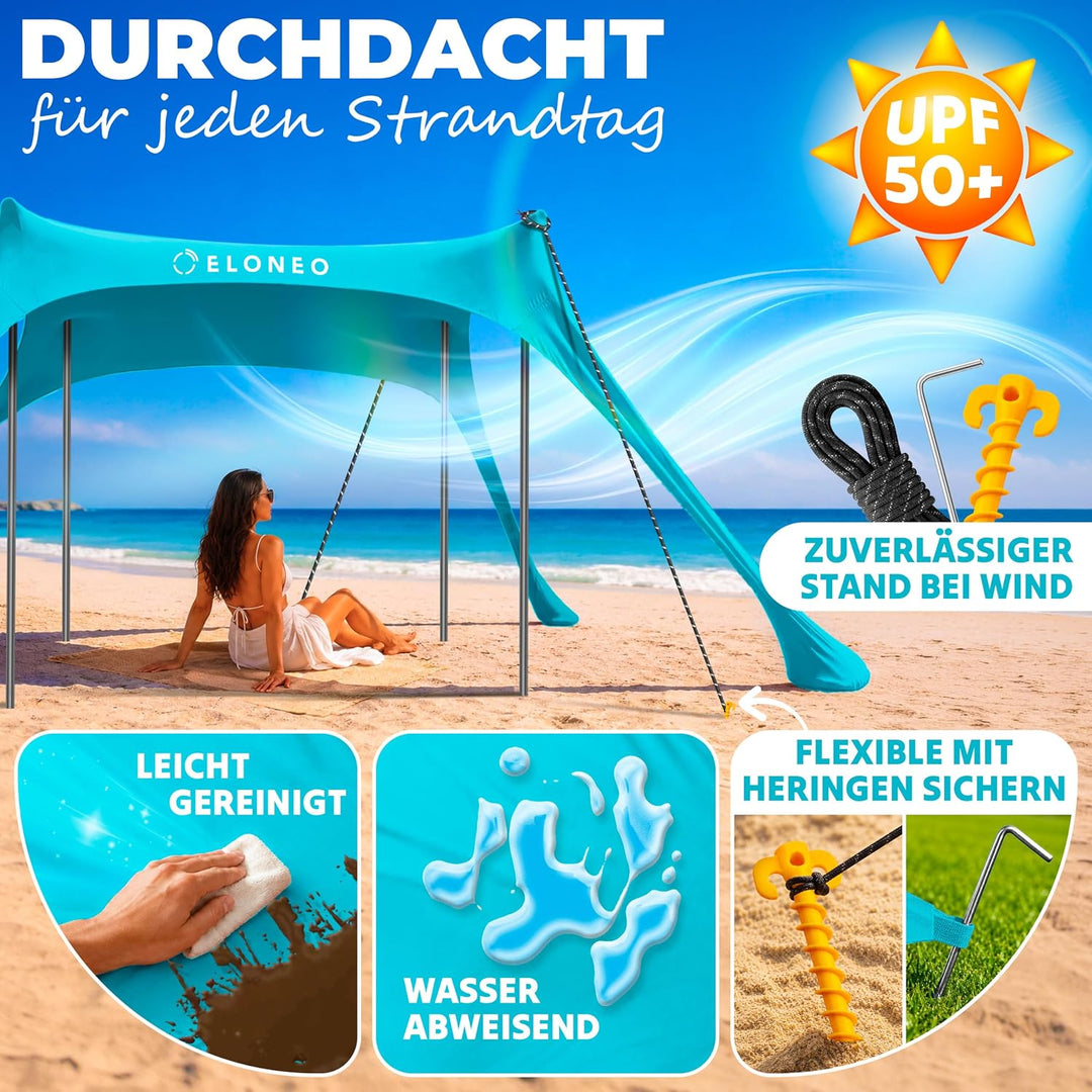 ELONEO Strandzelt, Sonnensegel Strand 228x214x200 cm, LSF 50+, Sonnenschutz für Strand mit Sandschau