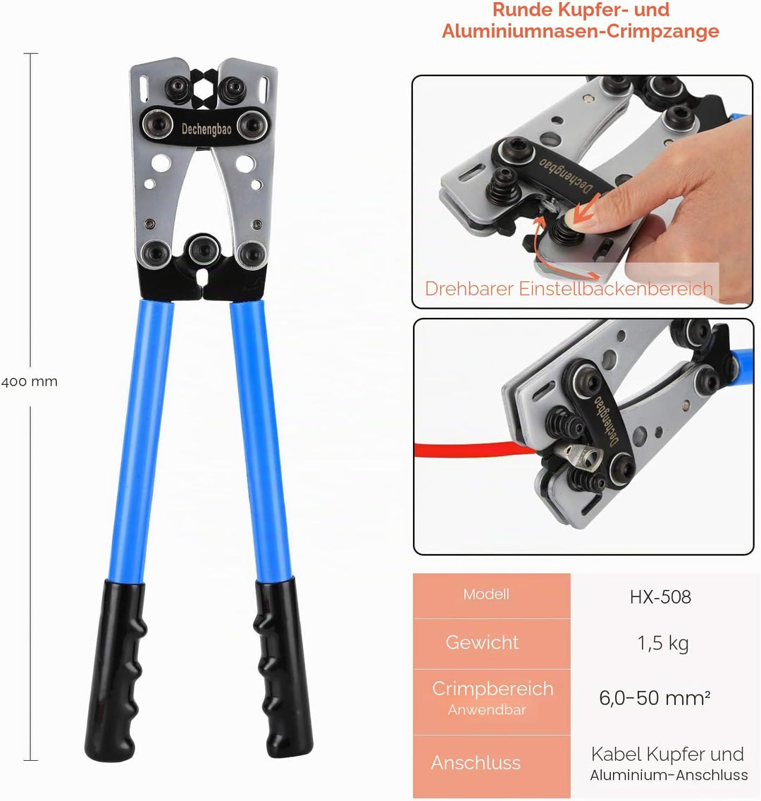 Batteriekabelschuh-Crimpwerkzeug von6-50mm²（ AWG 8-1/0） mit Kabelschneider(HX50B crimper kit) HX50B