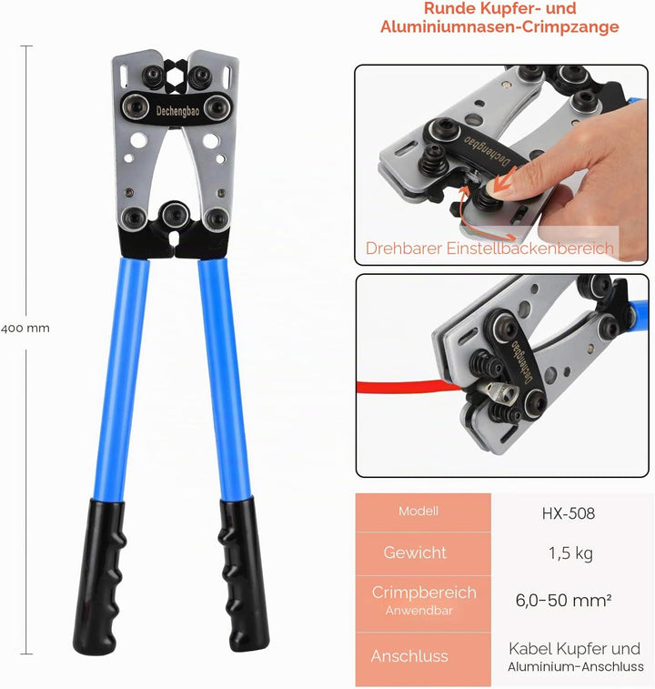 Batteriekabelschuh-Crimpwerkzeug von6-50mm²（ AWG 8-1/0） mit Kabelschneider(HX50B crimper kit) HX50B