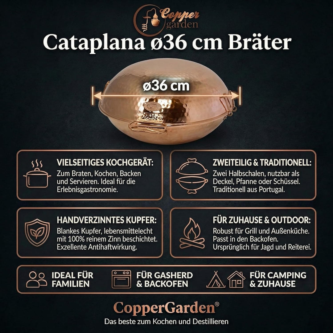 CopperGarden® Cataplana Bräter aus handverzinntem gehämmerten Kupfer mit ca 36 cm Durchmesser I Port